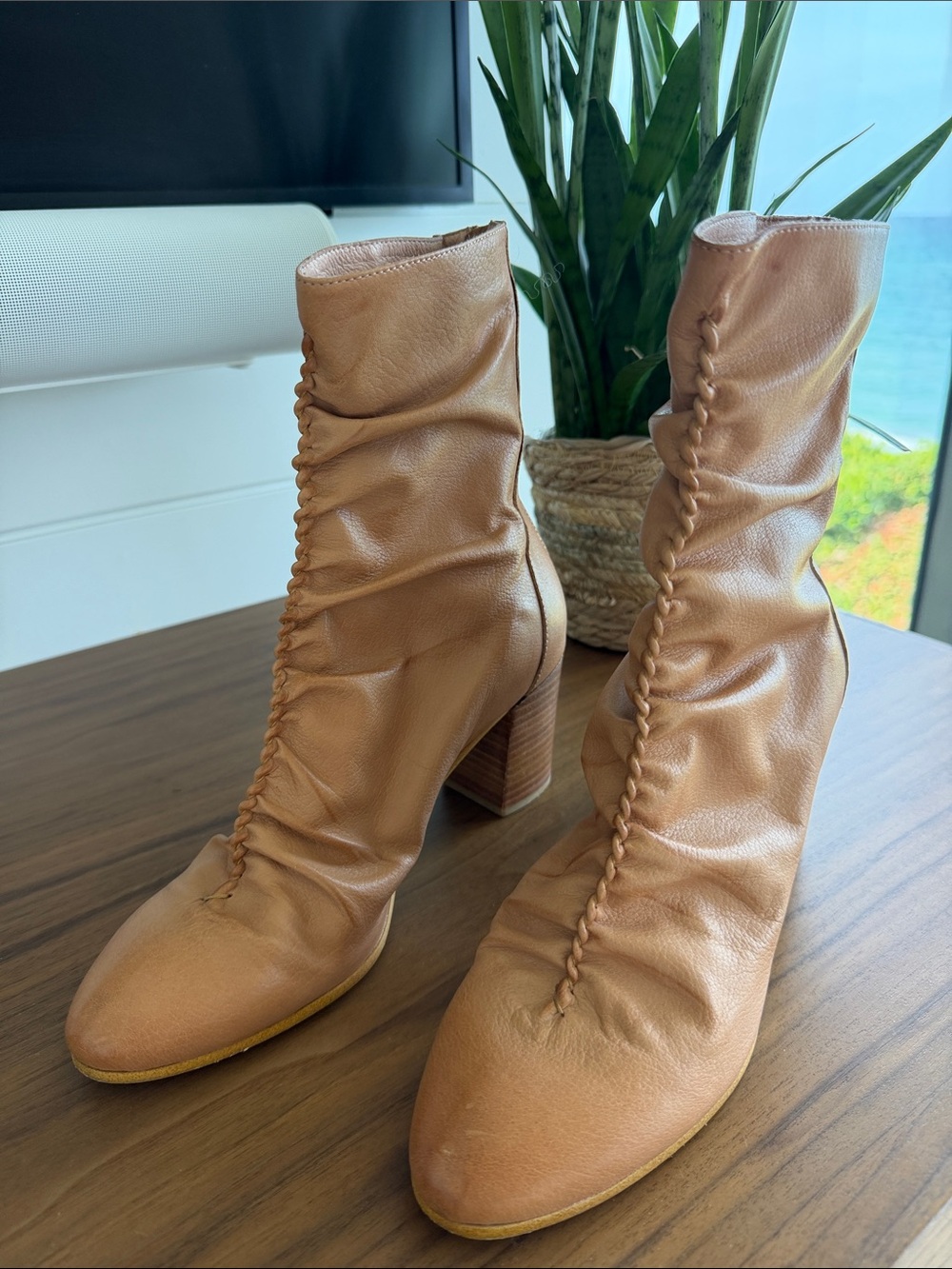 Ruched Tan Leather Mid-Heel Ankle Boots